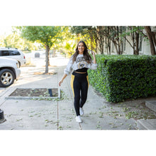 Load image into Gallery viewer, Julia Rose Yasmine Yellow Panel Full Length Leggings women’s boutique leggings front view, Woman wearing Julia Rose Yasmine leggings with yellow panel detail
