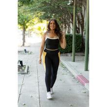 Load image into Gallery viewer, Julia Rose Yasmine Yellow Panel Full Length Leggings women’s boutique leggings front view, Woman wearing Julia Rose Yasmine leggings with yellow panel detail
