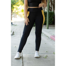 Load image into Gallery viewer, Julia Rose Yasmine Yellow Panel Full Length Leggings women’s boutique leggings front view, Woman wearing Julia Rose Yasmine leggings with yellow panel detail
