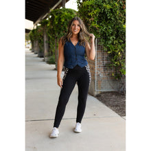 Load image into Gallery viewer, Julia Rose Carolina Cow Print Panel Leggings women’s boutique leggings front view, Woman wearing Julia Rose Carolina leggings with cow print panel detail
