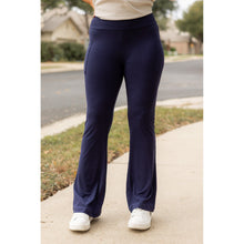 Load image into Gallery viewer, Full length navy bootcut leggings with side pockets Flattering women’s bootcut leggings in navy blue by Julia Rose
