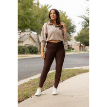 Load image into Gallery viewer, High waist brown crossover leggings for women. Buttery soft brown leggings with flattering waistband
