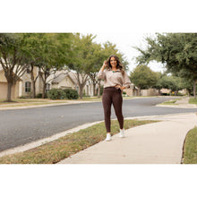 Load image into Gallery viewer, High waist brown crossover leggings for women. Buttery soft brown leggings with flattering waistband
