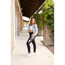 Load image into Gallery viewer, High waisted black leggings with plaid side panel
