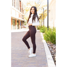 Load image into Gallery viewer, High waist brown crossover leggings for women. Buttery soft brown leggings with flattering waistband
