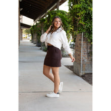 Load image into Gallery viewer, Julia Rose Bridget Brown Jogger Skirt women’s boutique midi skirt front view, Woman wearing Julia Rose Bridget jogger style brown skirt
