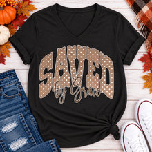 Load image into Gallery viewer, Saved by Grace faith graphic apparel with polka dot lettering, available in brown, navy and black V-neck, long sleeve, crewneck and hoodie styles.
