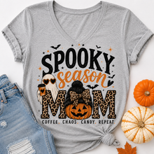 Load image into Gallery viewer, Grey Spooky Season Mom graphic tee featuring leopard print lettering, coffee ghost, jack-o'-lantern pumpkin, bats and Coffee Chaos Candy Repeat text.
