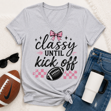 Load image into Gallery viewer, Classy Until Kick Off graphic V-neck tee with pink and black football game day design
