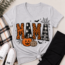 Load image into Gallery viewer, Mama Halloween graphic grey v neck tee with pumpkins, ghosts, leopard print and plaid design
