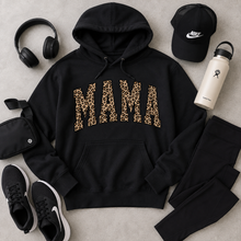 Load image into Gallery viewer, Julia Rose Mama Leopard apparel featuring a leopard-print MAMA graphic, available as a crewneck, V-neck, long-sleeve T-shirt and hoodie.
