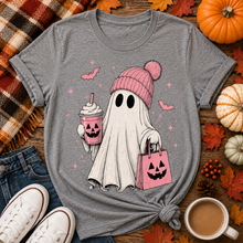 Load image into Gallery viewer, Julia Rose Pink Ghost Halloween apparel available as a crewneck T-shirt, V-neck T-shirt, long-sleeve shirt and hoodie in sizes S–3XL.
