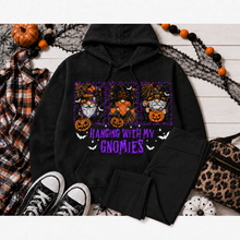 Load image into Gallery viewer, Julia Rose Hanging With My Gnomies apparel featuring three Halloween gnomes, pumpkins, bats and purple lettering.
