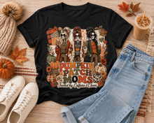 Load image into Gallery viewer, Pumpkin Patch Moms apparel with three skeleton moms, pumpkins and the phrase Fueled by Caffeine and Chaos, available in sizes S–3XL.
