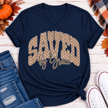 Load image into Gallery viewer, Saved by Grace faith graphic apparel with polka dot lettering, available in brown, navy and black V-neck, long sleeve, crewneck and hoodie styles.
