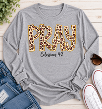 Load image into Gallery viewer, PRAY Colossians 4:2 leopard print Christian graphic shirt available in short sleeve crewneck, V-neck, long sleeve and hoodie styles.
