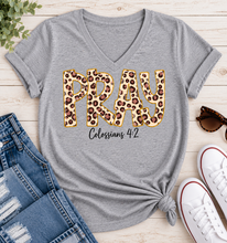 Load image into Gallery viewer, PRAY Colossians 4:2 leopard print Christian graphic shirt available in short sleeve crewneck, V-neck, long sleeve and hoodie styles.
