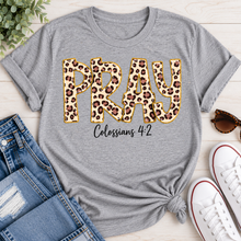 Load image into Gallery viewer, PRAY Colossians 4:2 leopard print Christian graphic shirt available in short sleeve crewneck, V-neck, long sleeve and hoodie styles.
