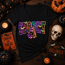 Load image into Gallery viewer, Julia Rose SPOOKY apparel featuring colorful Halloween-patterned lettering, bats, pumpkins and a bow-wearing ghost.
