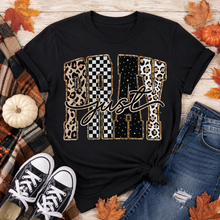 Load image into Gallery viewer, Julia Rose JUST PRAY apparel featuring leopard print, checkerboard and dotted lettering with gold-toned details.
