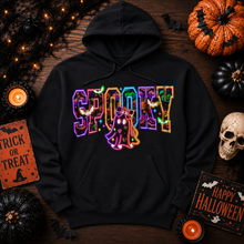 Load image into Gallery viewer, Julia Rose SPOOKY apparel featuring colorful Halloween-patterned lettering, bats, pumpkins and a bow-wearing ghost.
