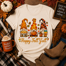 Load image into Gallery viewer, Happy Fall Y’all three autumn gnomes with pumpkins, pie, coffee, colorful leaves and pinecones.
