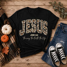 Load image into Gallery viewer, Julia Rose Jesus John 14:6 apparel featuring leopard-print JESUS lettering and the phrase The Way, The Truth, The Life.

