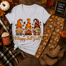 Load image into Gallery viewer, Happy Fall Y’all three autumn gnomes with pumpkins, pie, coffee, colorful leaves and pinecones.

