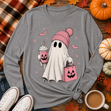 Load image into Gallery viewer, Julia Rose Pink Ghost Halloween apparel available as a crewneck T-shirt, V-neck T-shirt, long-sleeve shirt and hoodie in sizes S–3XL.
