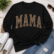 Load image into Gallery viewer, Julia Rose Mama Leopard apparel featuring a leopard-print MAMA graphic, available as a crewneck, V-neck, long-sleeve T-shirt and hoodie.
