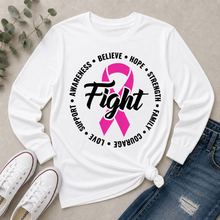 Load image into Gallery viewer, Julia Rose Breast Cancer Awareness Fight apparel with a pink ribbon, available in pink or white crewneck, V-neck, long-sleeve shirt, and hoodie.
