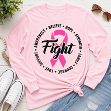 Load image into Gallery viewer, Julia Rose Breast Cancer Awareness Fight apparel with a pink ribbon, available in pink or white crewneck, V-neck, long-sleeve shirt, and hoodie.
