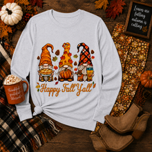 Load image into Gallery viewer, Happy Fall Y’all three autumn gnomes with pumpkins, pie, coffee, colorful leaves and pinecones.
