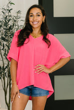 Load image into Gallery viewer, Counter Part Crinkle Woven V-Neck Top in Neon Fuchsia
