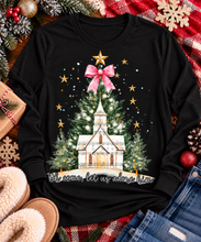 Load image into Gallery viewer, Oh Come Let Us Adore Him Christian Christmas graphic apparel with church, Christmas trees, stars and pink bow
