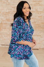 Load image into Gallery viewer, Dreamer Peplum Top in Navy and Lavender Animal Print
