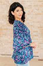 Load image into Gallery viewer, Dreamer Peplum Top in Navy and Lavender Animal Print
