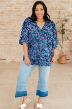 Load image into Gallery viewer, Dreamer Peplum Top in Navy and Lavender Animal Print
