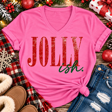 Load image into Gallery viewer, Jolly Ish Christmas graphic shirt featuring large distressed red JOLLY lettering with green handwritten ish script. Funny vintage-inspired holiday apparel available in pink and black, offered in short sleeve crewneck, V-neck, long sleeve and hoodie styles.
