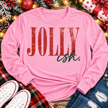 Load image into Gallery viewer, Jolly Ish Christmas graphic shirt featuring large distressed red JOLLY lettering with green handwritten ish script. Funny vintage-inspired holiday apparel available in pink and black, offered in short sleeve crewneck, V-neck, long sleeve and hoodie styles.
