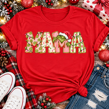 Load image into Gallery viewer, Christmas MAMA graphic shirt featuring pink and green patterned lettering, colorful holiday lights, and a Grinch-inspired character wearing a Santa hat.
