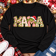 Load image into Gallery viewer, Christmas MAMA graphic shirt featuring pink and green patterned lettering, colorful holiday lights, and a Grinch-inspired character wearing a Santa hat.
