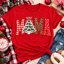 Load image into Gallery viewer, Festive MAMA Christmas graphic apparel featuring bold red gingham, leopard print and red polka dot lettering with a decorated Christmas tree and gingham bow replacing the first A, available in black and red in short sleeve crewneck, V-neck, long sleeve crewneck sweatshirt and hoodie styles.
