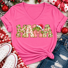 Load image into Gallery viewer, Christmas MAMA graphic shirt featuring pink and green patterned lettering, colorful holiday lights, and a Grinch-inspired character wearing a Santa hat.
