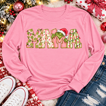 Load image into Gallery viewer, Christmas MAMA graphic shirt featuring pink and green patterned lettering, colorful holiday lights, and a Grinch-inspired character wearing a Santa hat.
