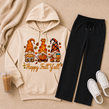 Load image into Gallery viewer, Happy Fall Y’all three autumn gnomes with pumpkins, pie, coffee, colorful leaves and pinecones.
