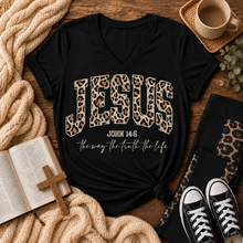 Load image into Gallery viewer, Julia Rose Jesus John 14:6 apparel featuring leopard-print JESUS lettering and the phrase The Way, The Truth, The Life.
