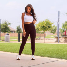 Load image into Gallery viewer, High waist brown crossover leggings for women. Buttery soft brown leggings with flattering waistband

