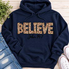 Load image into Gallery viewer, Believe John 14:7  leopard print Christian graphic shirt available in short sleeve crewneck, V-neck, long sleeve and hoodie styles.
