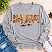 Load image into Gallery viewer, Believe John 14:7  leopard print Christian graphic shirt available in short sleeve crewneck, V-neck, long sleeve and hoodie styles.
